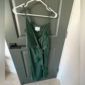 J.O.A. Deep Green Satin Wrap Midi Dress with Tie